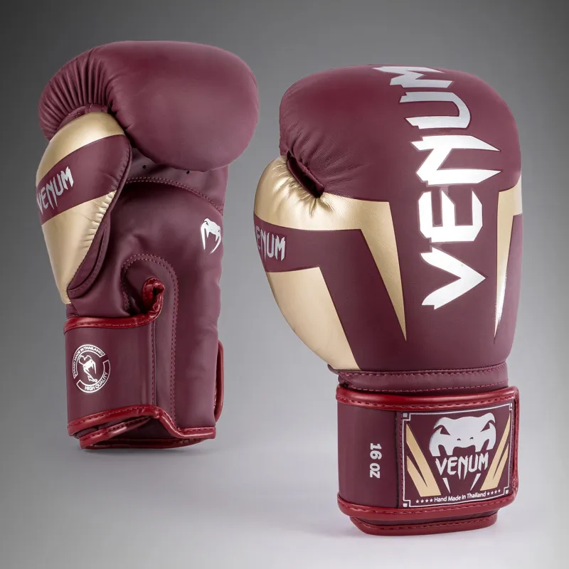 Venum Elite Boxing Gloves - Burgundy/Gold - Image 2